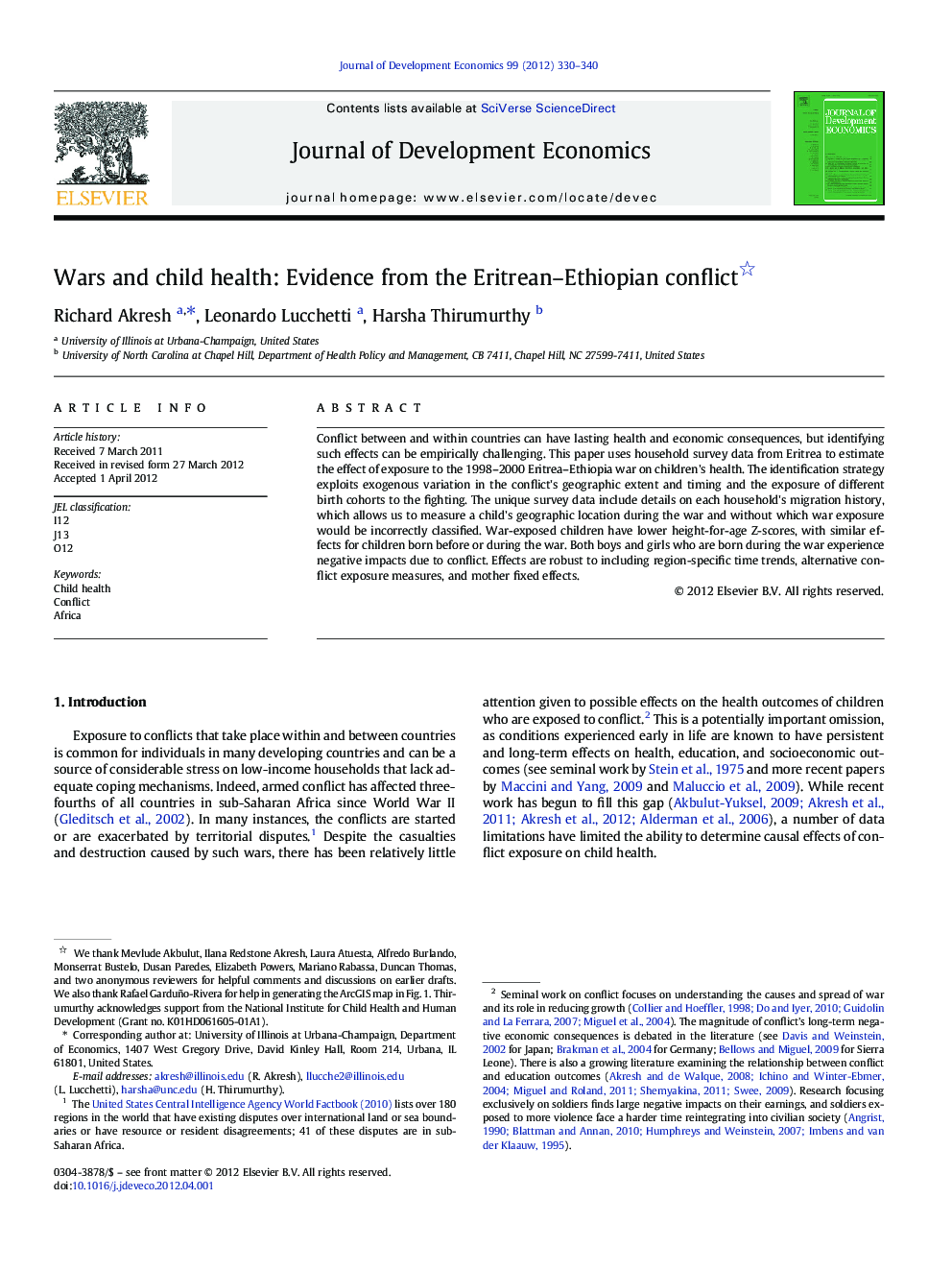 عکس صفحه اول مقاله: Wars and child health: Evidence from the Eritrean-Ethiopian conflict Wars and child health: Evidence from the Eritrean-Ethiopian conflict