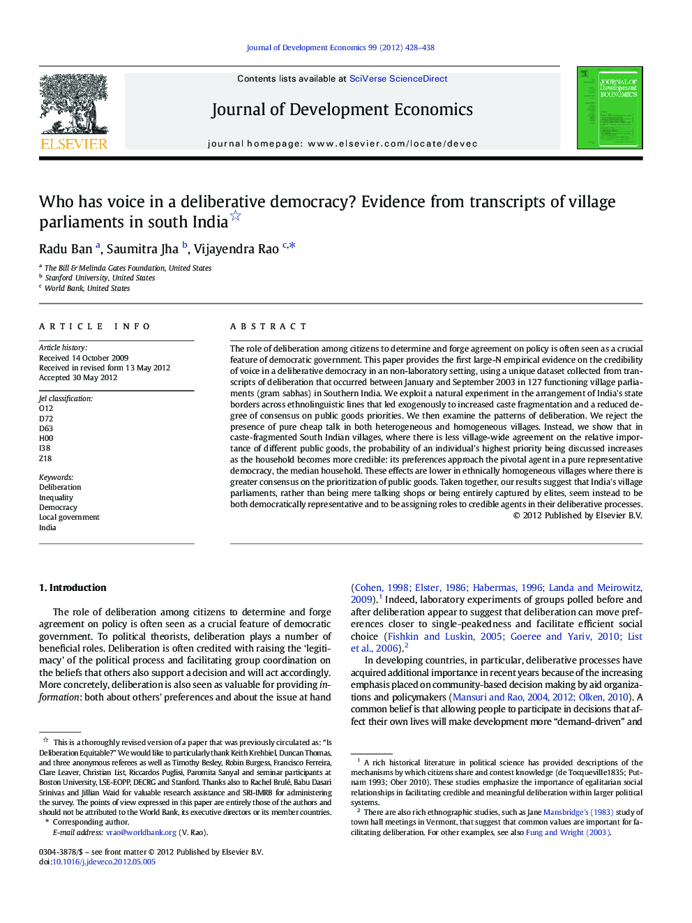 Who has voice in a deliberative democracy? Evidence from transcripts of village parliaments in south India