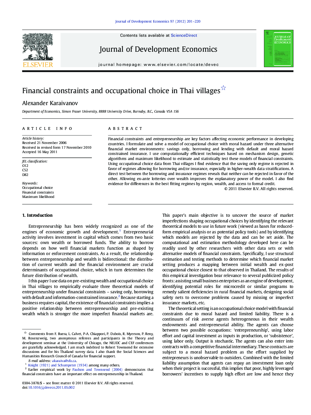 Financial constraints and occupational choice in Thai villages