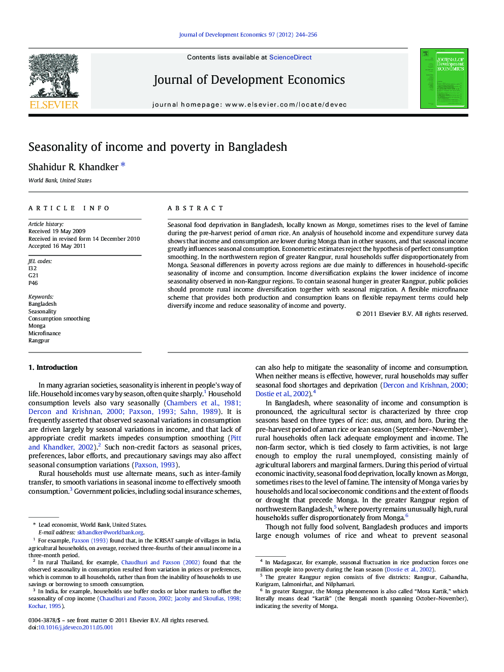 Seasonality of income and poverty in Bangladesh