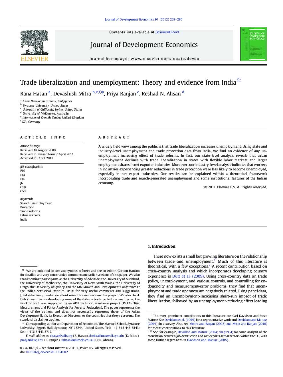 Trade liberalization and unemployment: Theory and evidence from India