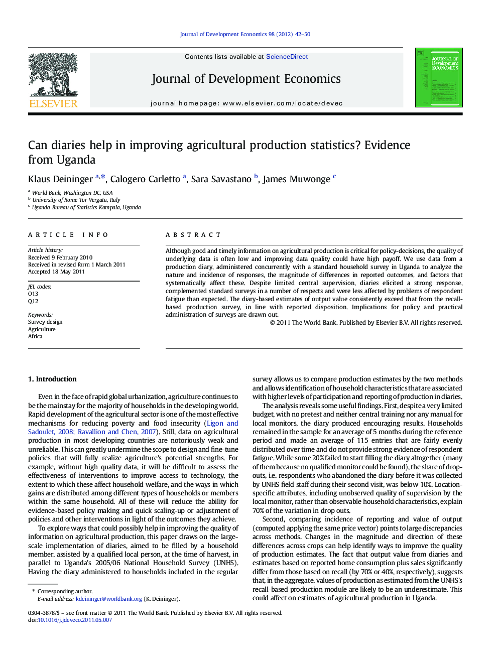 Can diaries help in improving agricultural production statistics? Evidence from Uganda