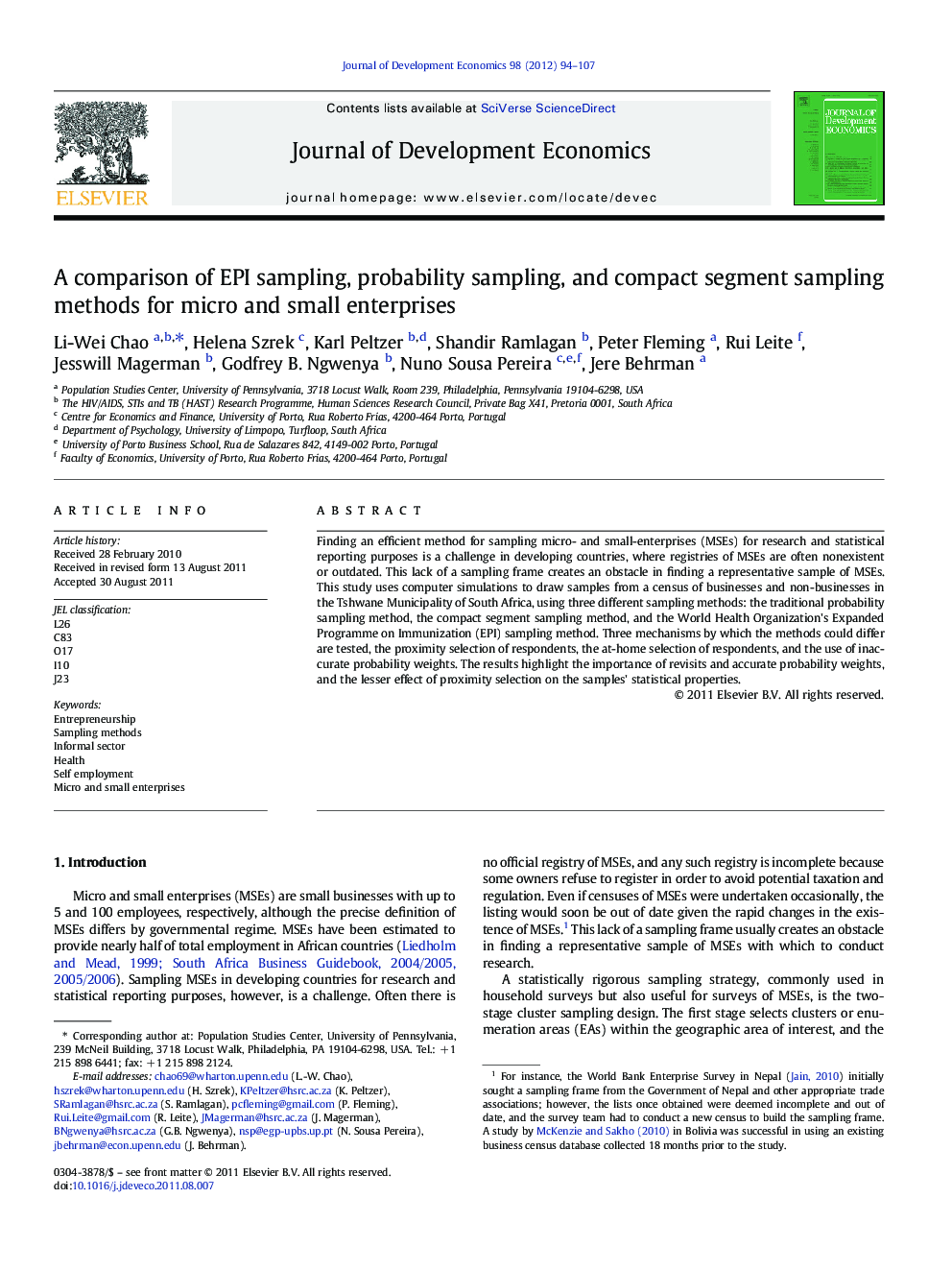 A comparison of EPI sampling, probability sampling, and compact segment sampling methods for micro and small enterprises