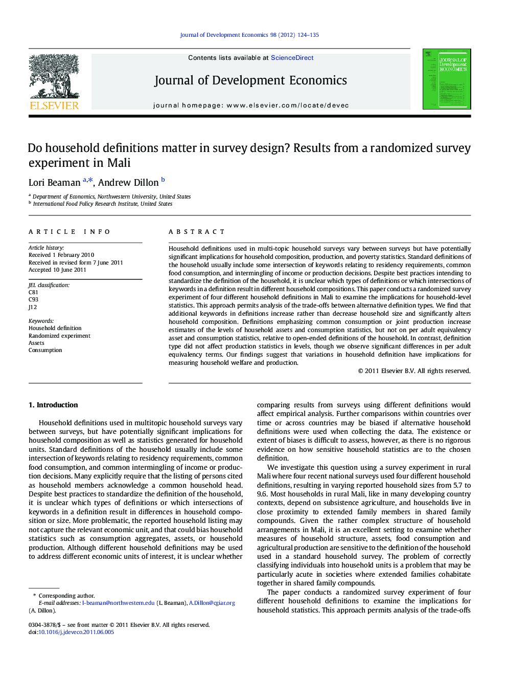 Do household definitions matter in survey design? Results from a randomized survey experiment in Mali