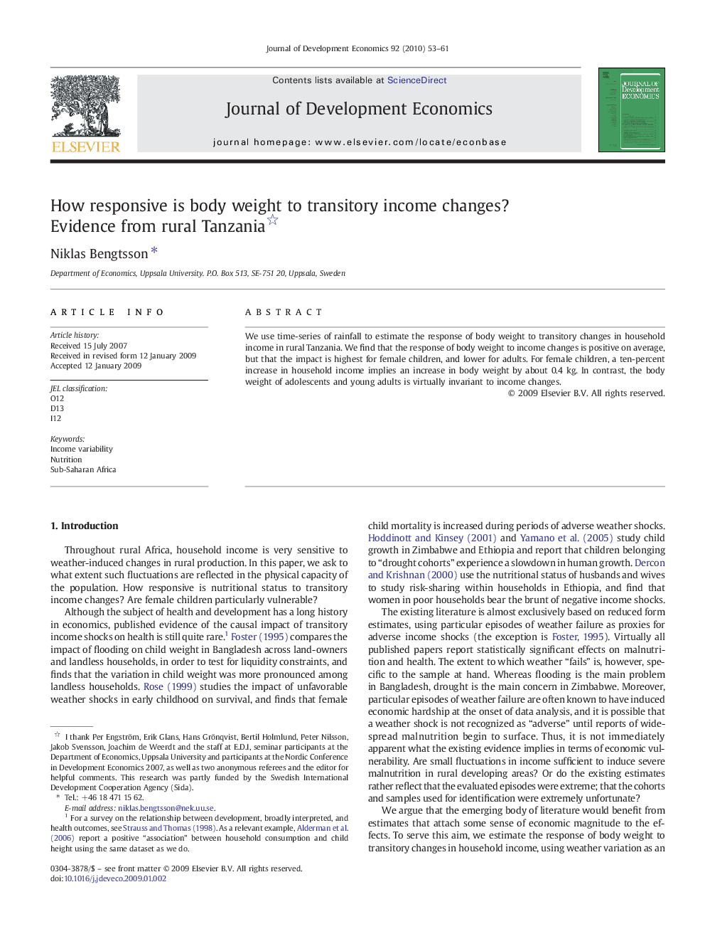 How responsive is body weight to transitory income changes? Evidence from rural Tanzania