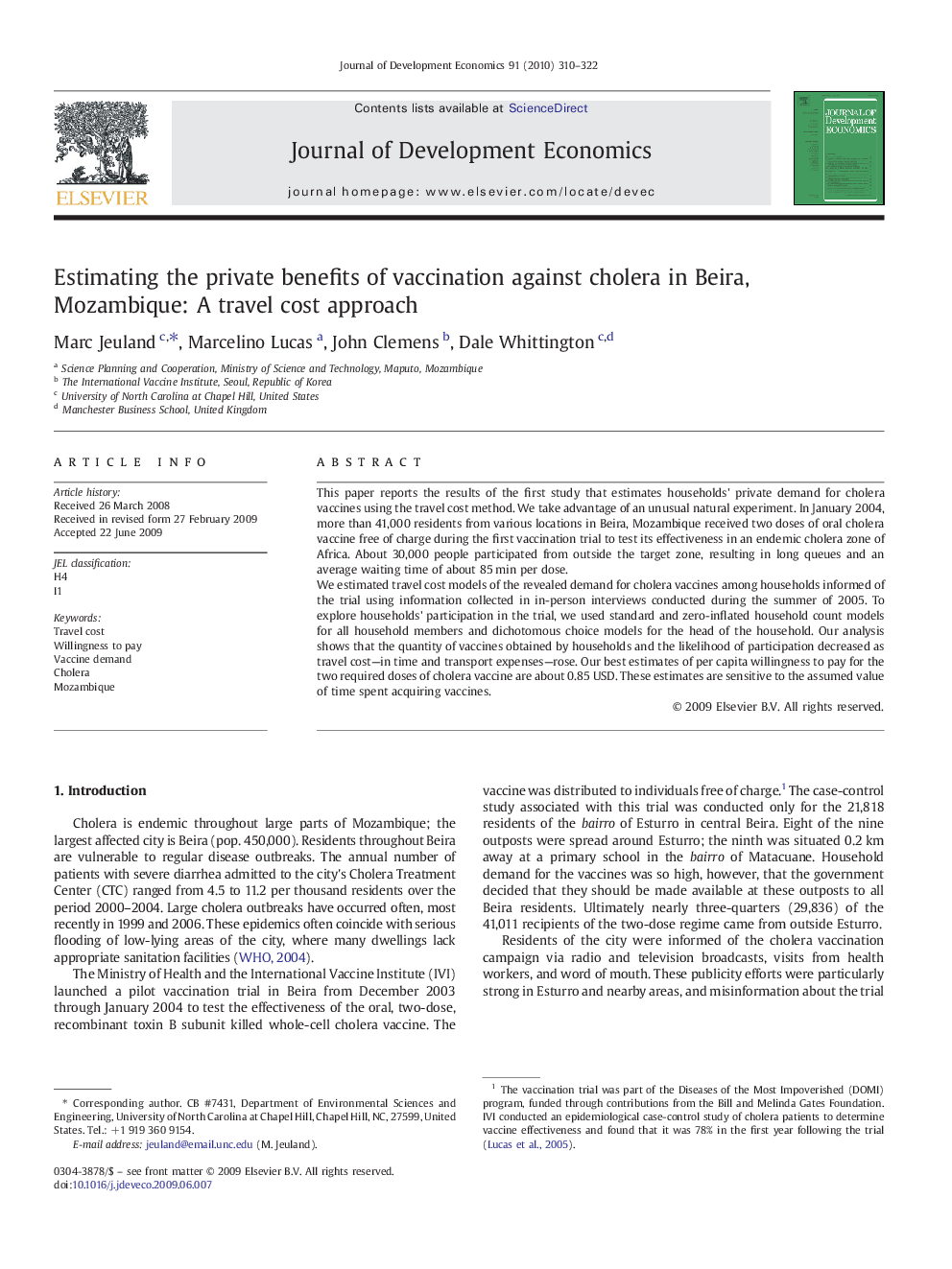 Estimating the private benefits of vaccination against cholera in Beira, Mozambique: A travel cost approach