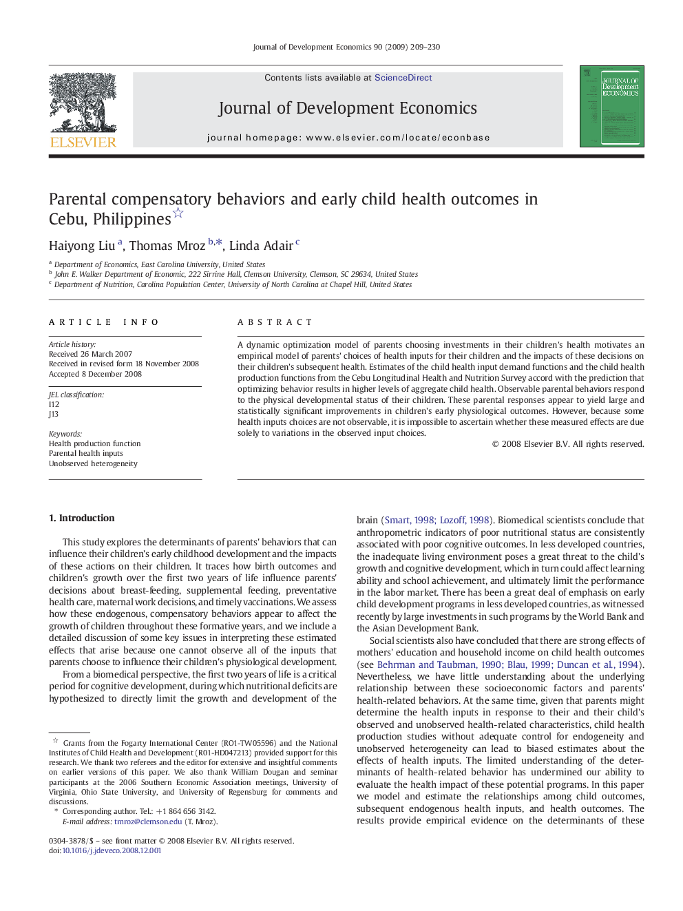 Parental compensatory behaviors and early child health outcomes in Cebu, Philippines