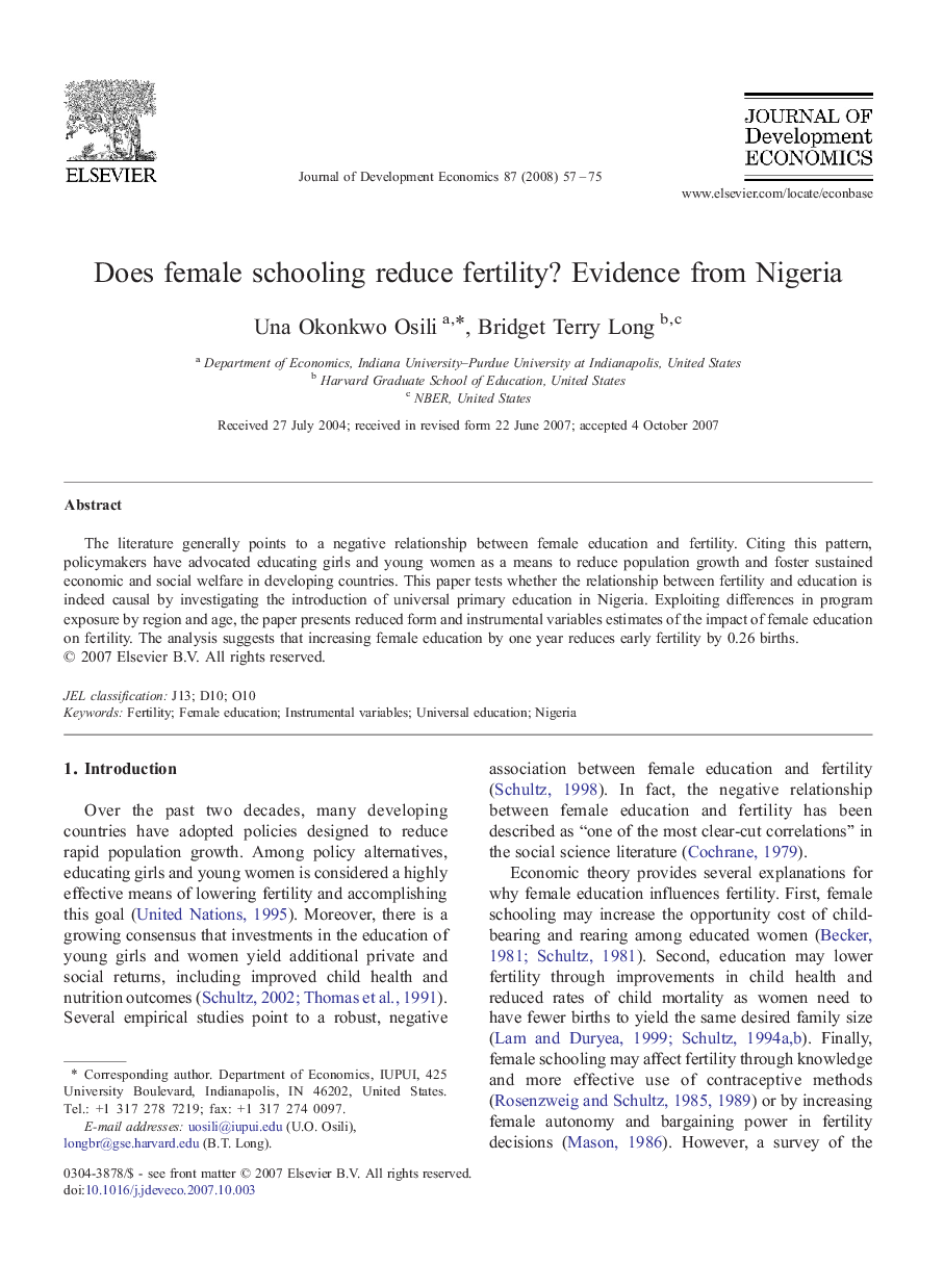 Does female schooling reduce fertility? Evidence from Nigeria