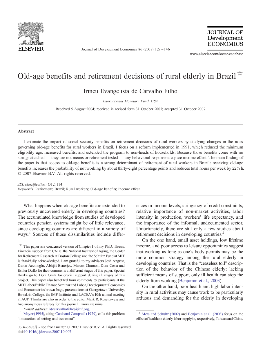 Old-age benefits and retirement decisions of rural elderly in Brazil