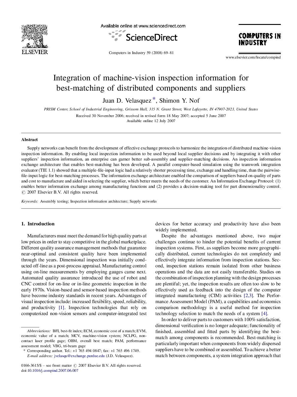 Integration of machine-vision inspection information for best-matching of distributed components and suppliers