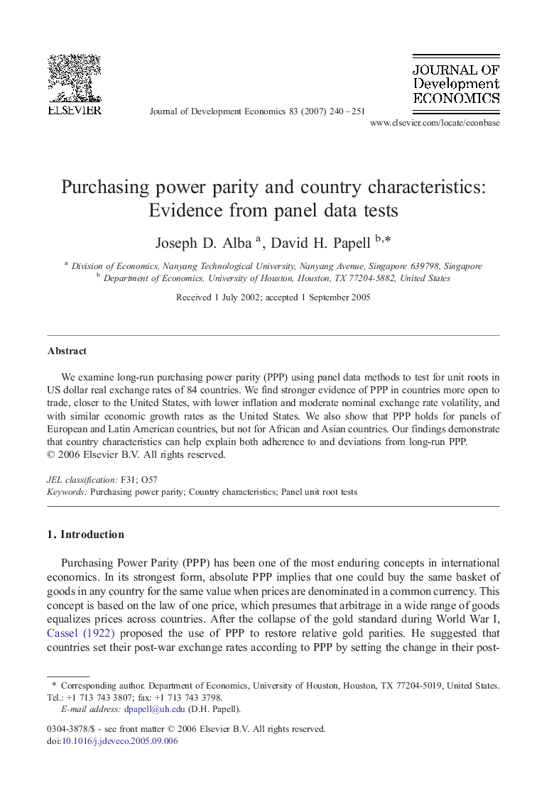 Purchasing power parity and country characteristics: Evidence from panel data tests