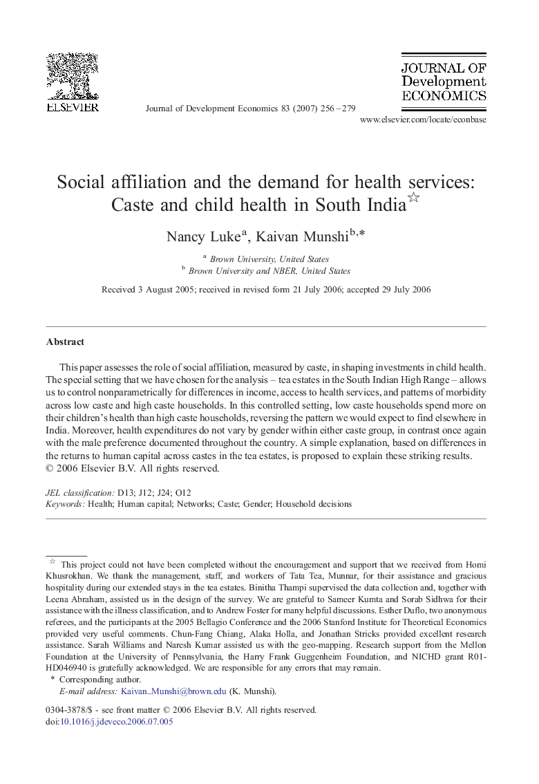 Social affiliation and the demand for health services: Caste and child health in South India