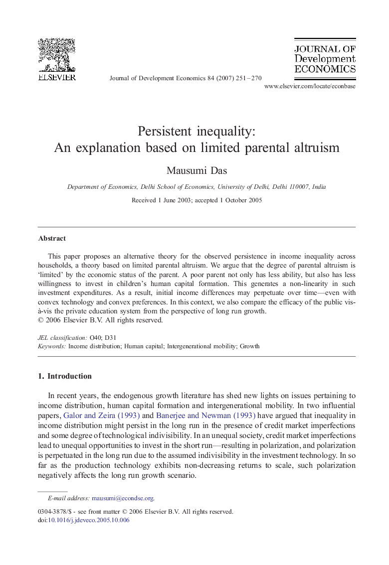 Persistent inequality: An explanation based on limited parental altruism