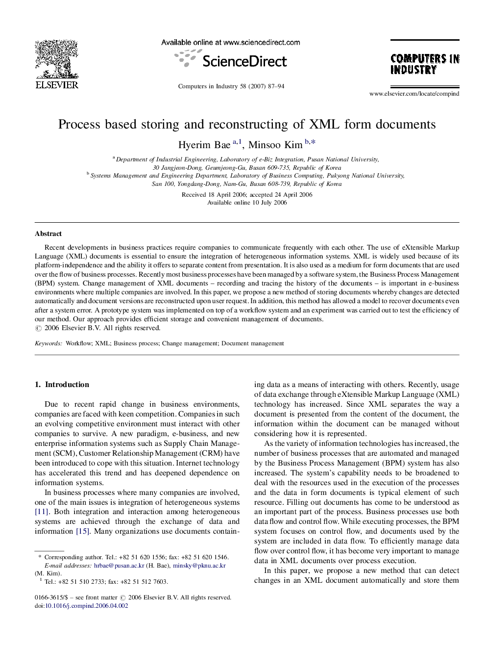 Process based storing and reconstructing of XML form documents