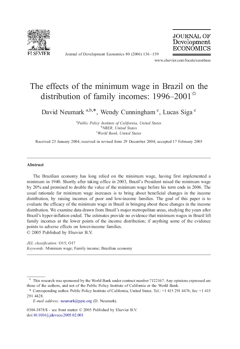 The effects of the minimum wage in Brazil on the distribution of family incomes: 1996-2001