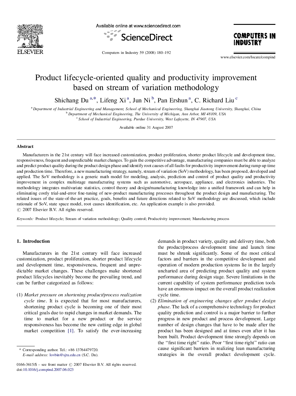 Product lifecycle-oriented quality and productivity improvement based on stream of variation methodology