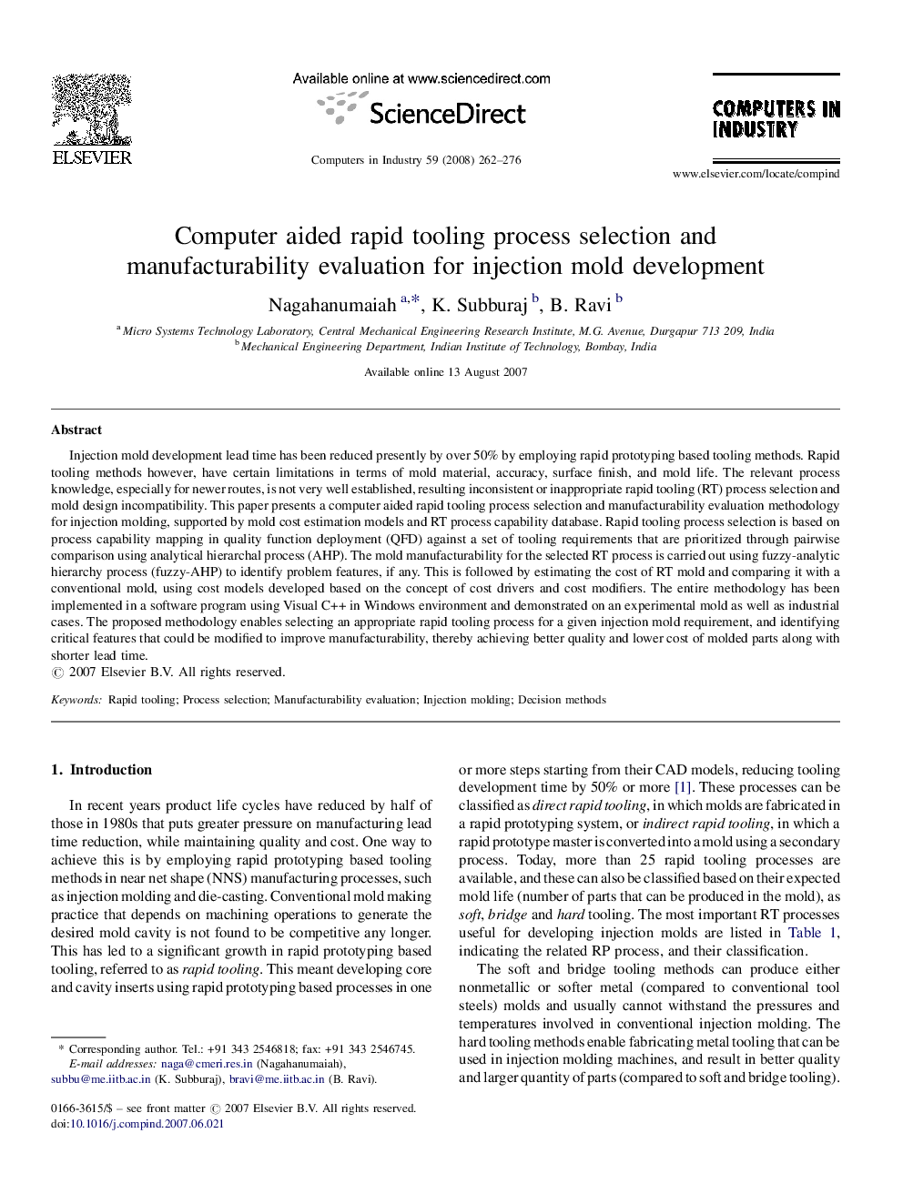 Computer aided rapid tooling process selection and manufacturability evaluation for injection mold development