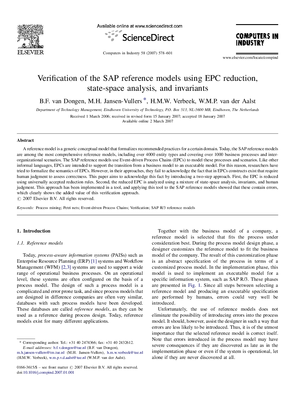 عکس صفحه اول مقاله: Verification of the SAP reference models using EPC reduction, state-space analysis, and invariants Verification of the SAP reference models using EPC reduction, state-space analysis, and invariants