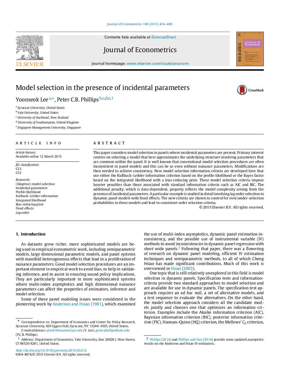 Model selection in the presence of incidental parameters