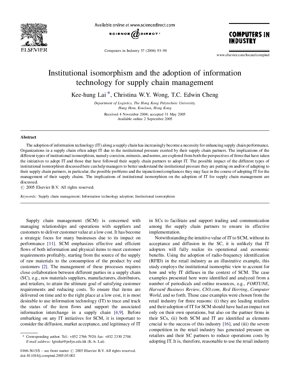 Institutional isomorphism and the adoption of information technology for supply chain management