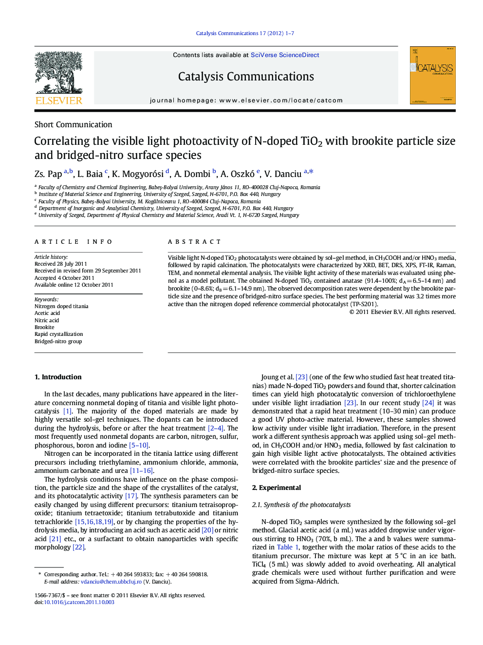 Correlating the visible light photoactivity of N-doped TiO2 with brookite particle size and bridged-nitro surface species