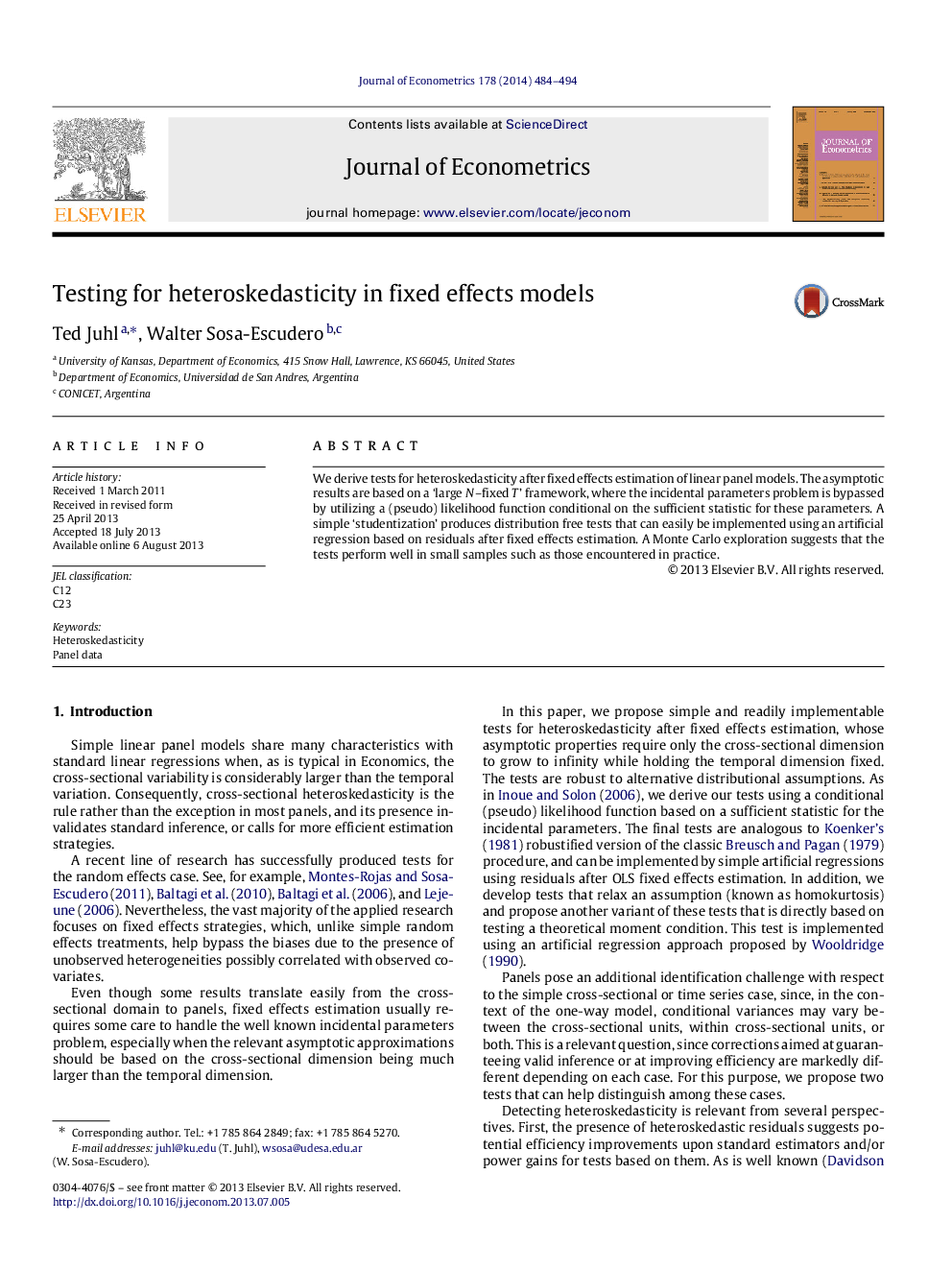 Testing for heteroskedasticity in fixed effects models