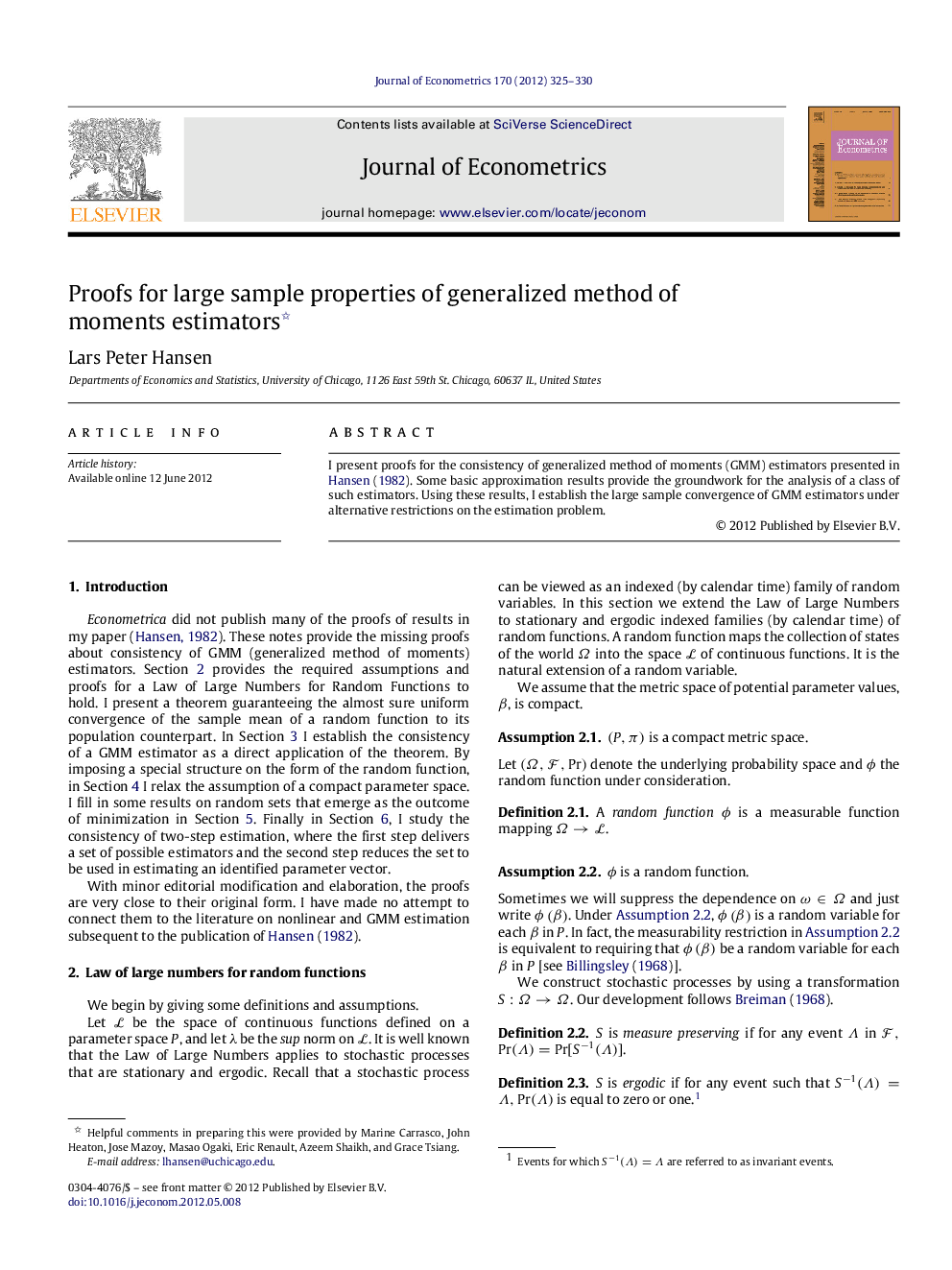 عکس صفحه اول مقاله: Proofs for large sample properties of generalized method of moments estimators Proofs for large sample properties of generalized method of moments estimators