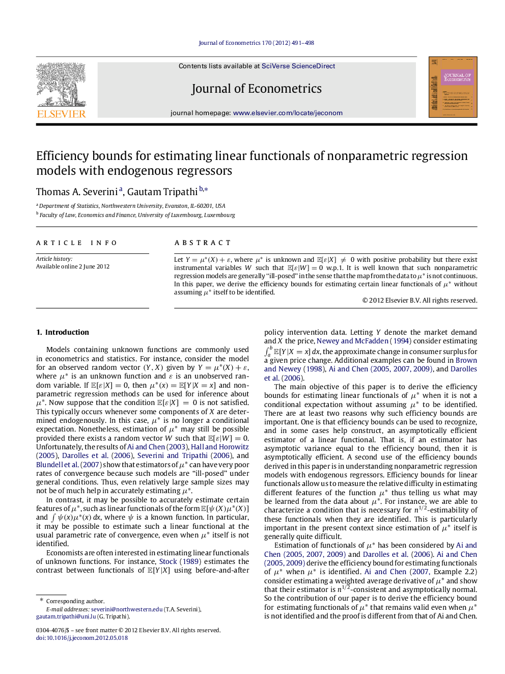 عکس صفحه اول مقاله: Efficiency bounds for estimating linear functionals of nonparametric regression models with endogenous regressors Efficiency bounds for estimating linear functionals of nonparametric regression models with endogenous regressors