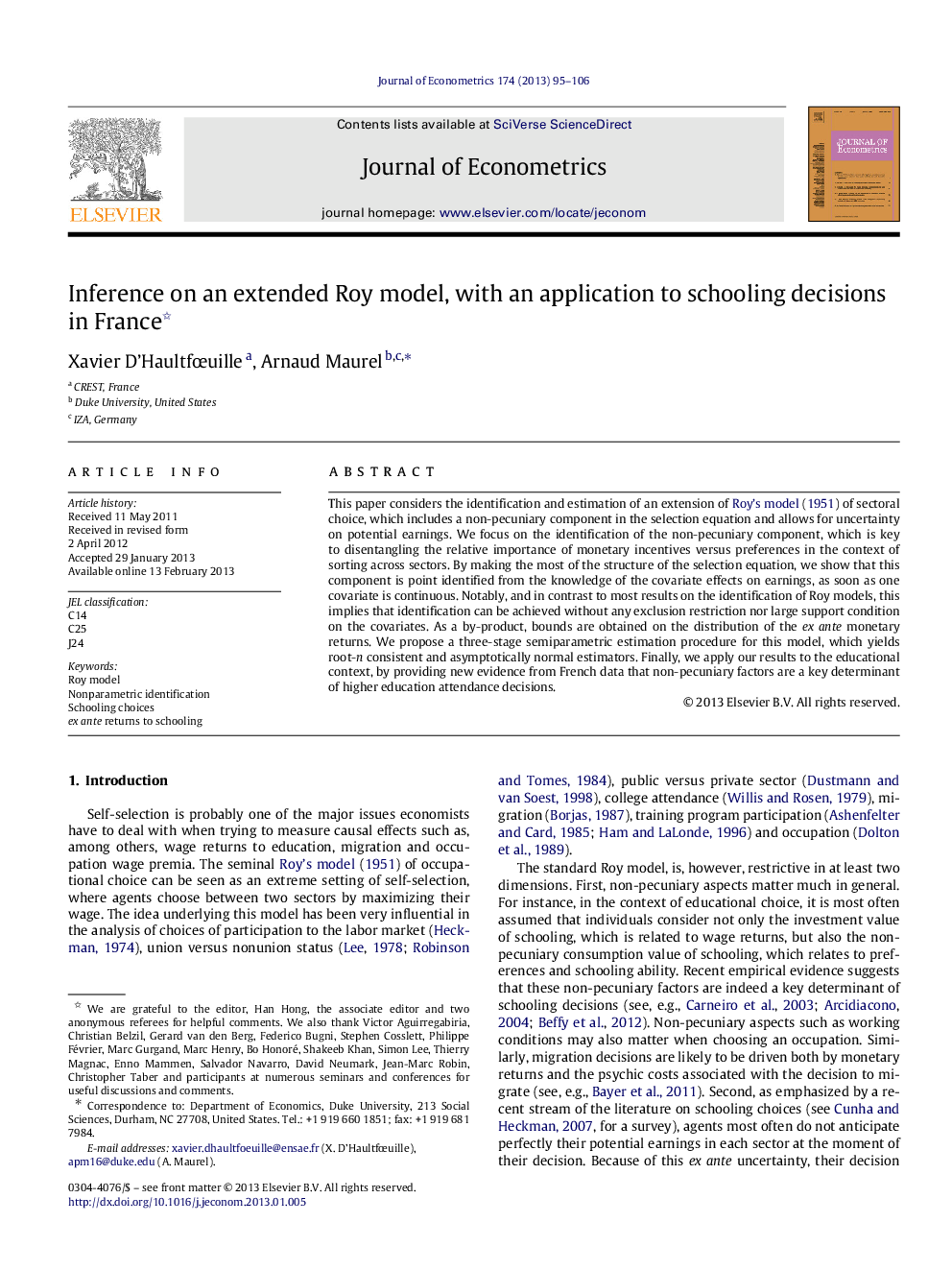 Inference on an extended Roy model, with an application to schooling decisions in France