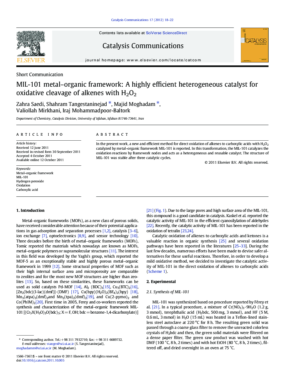 MIL-101 metal–organic framework: A highly efficient heterogeneous catalyst for oxidative cleavage of alkenes with H2O2