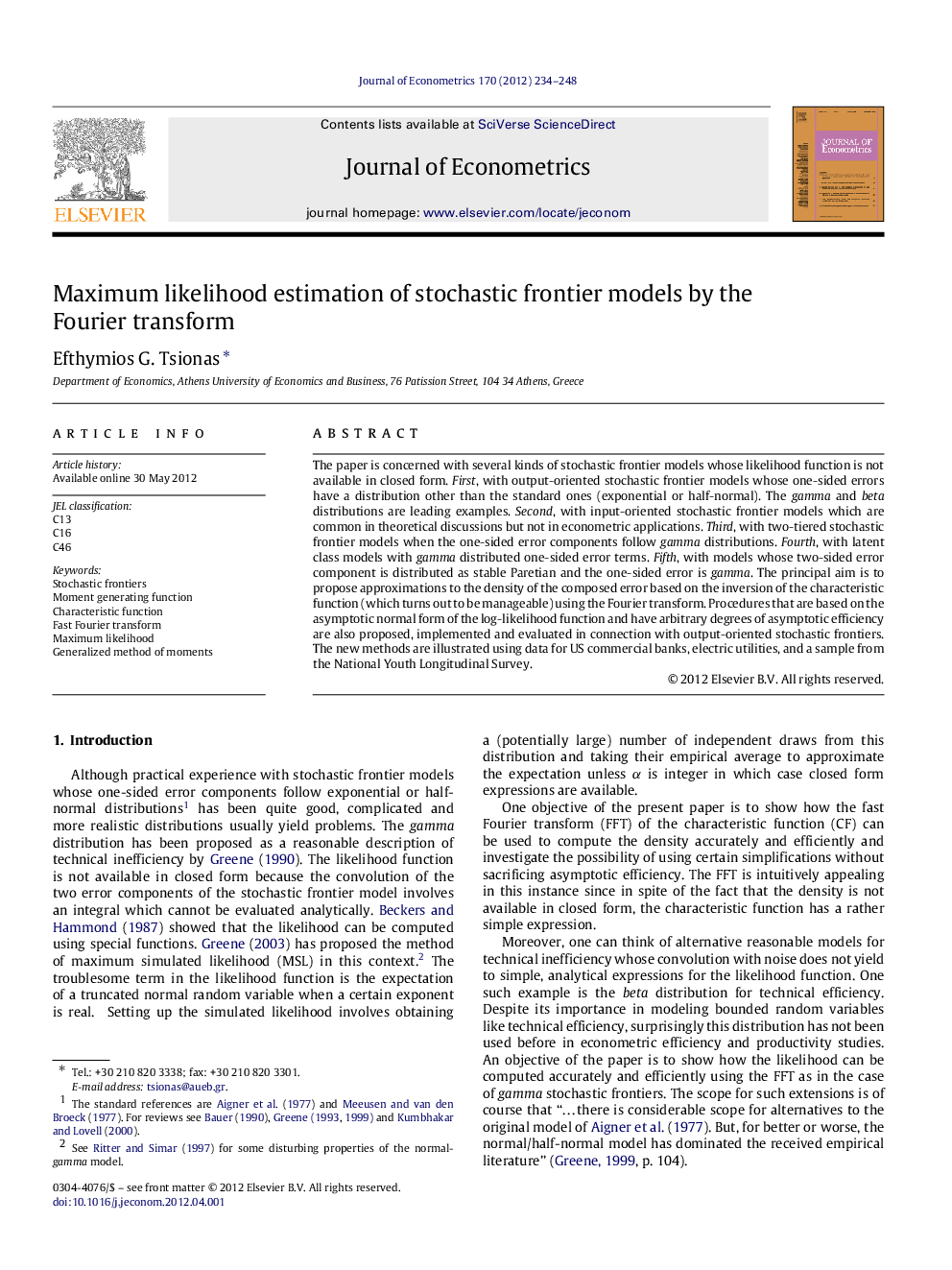 Maximum likelihood estimation of stochastic frontier models by the Fourier transform