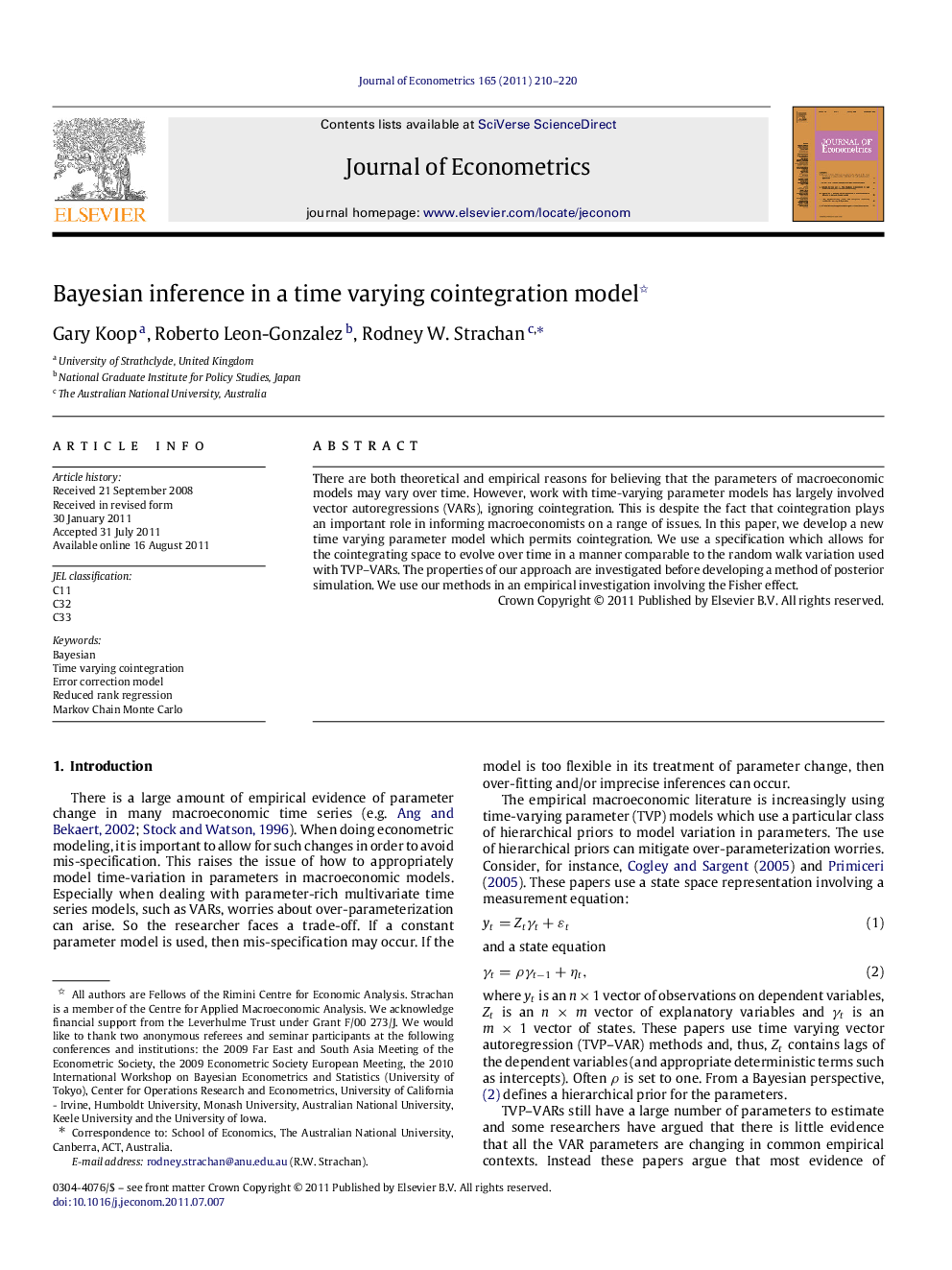 Bayesian inference in a time varying cointegration model