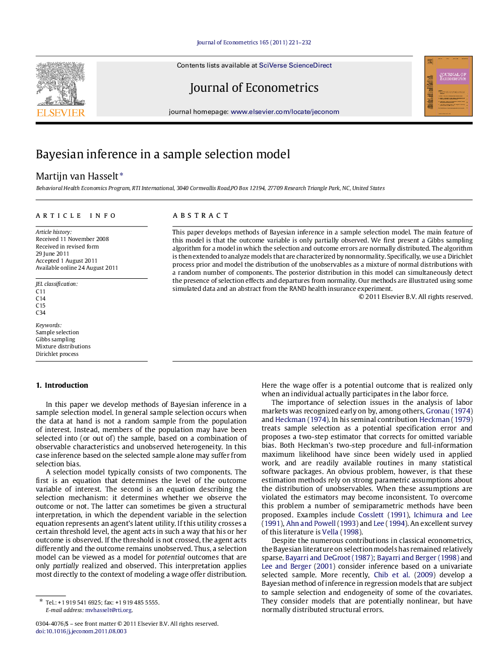 Bayesian inference in a sample selection model