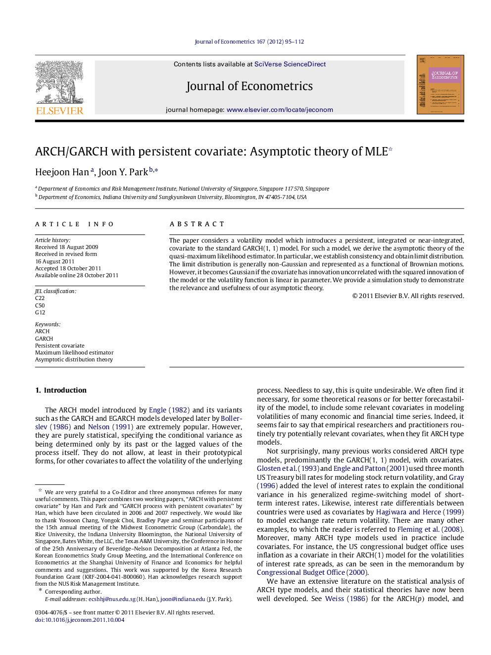 ARCH/GARCH with persistent covariate: Asymptotic theory of MLE