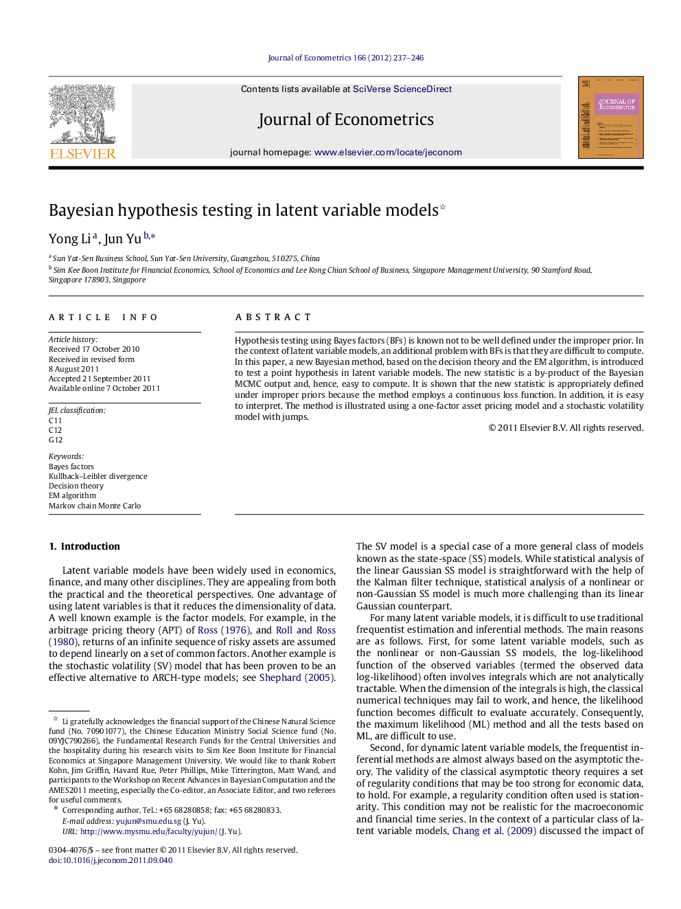 Bayesian hypothesis testing in latent variable models