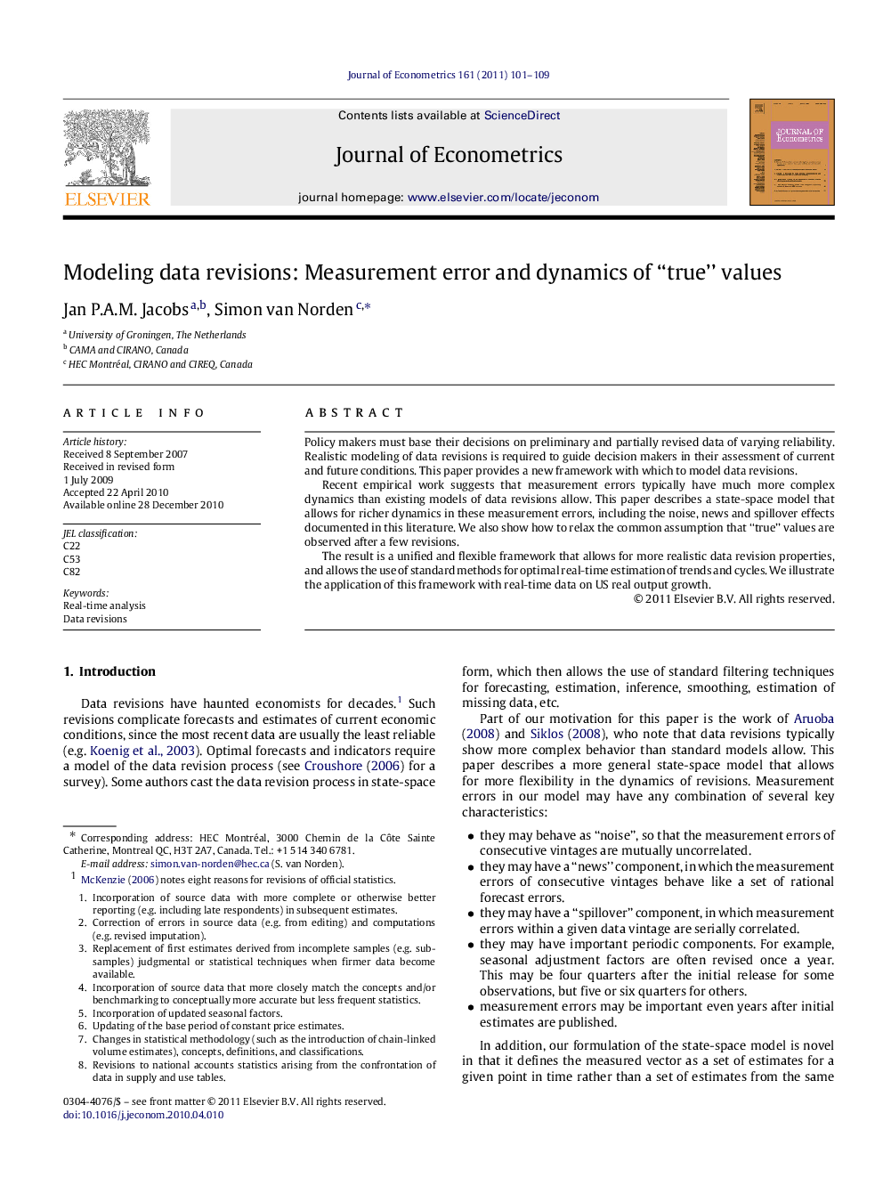 Modeling data revisions: Measurement error and dynamics of “true” values