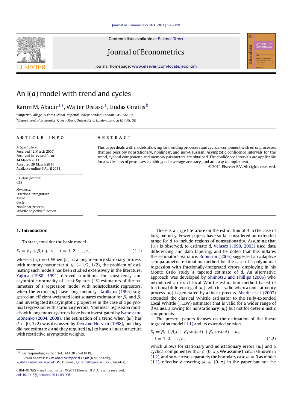 An I(d) model with trend and cycles