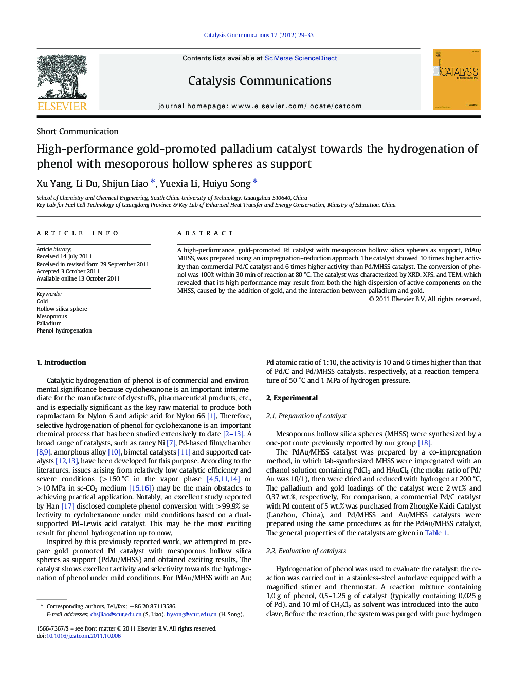 High-performance gold-promoted palladium catalyst towards the hydrogenation of phenol with mesoporous hollow spheres as support