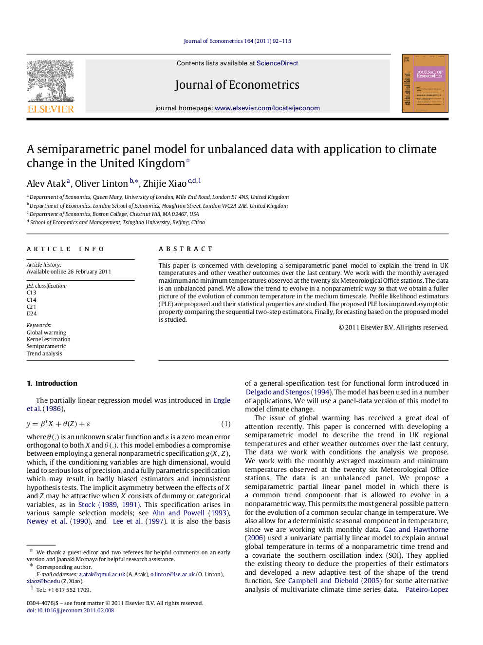 A semiparametric panel model for unbalanced data with application to climate change in the United Kingdom