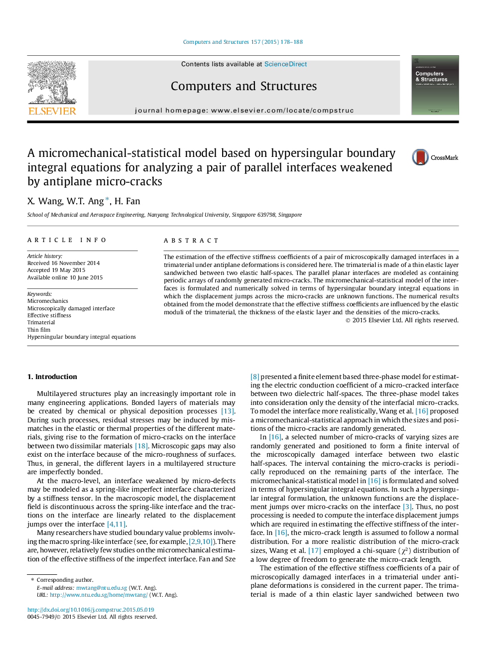 یک مدل آماری میکرومکانیکی مبتنی بر معادلات انتگرال مرزی ابررسانگول برای تجزیه و تحلیل یک جفت رابط موازی ضعیف شده توسط میکرو ترک های ضد فلک 