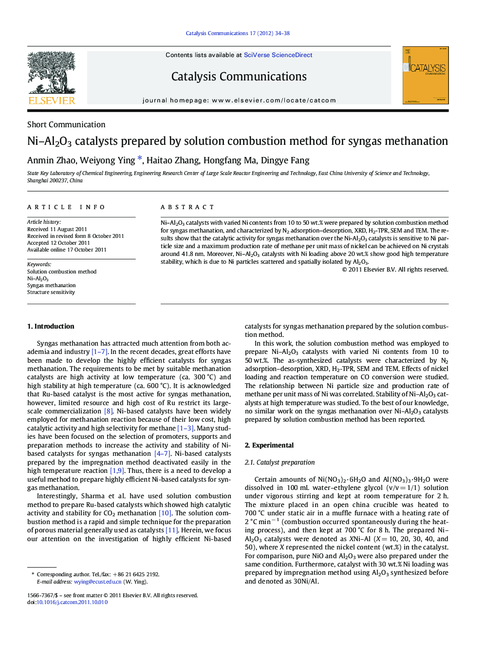 Ni–Al2O3 catalysts prepared by solution combustion method for syngas methanation