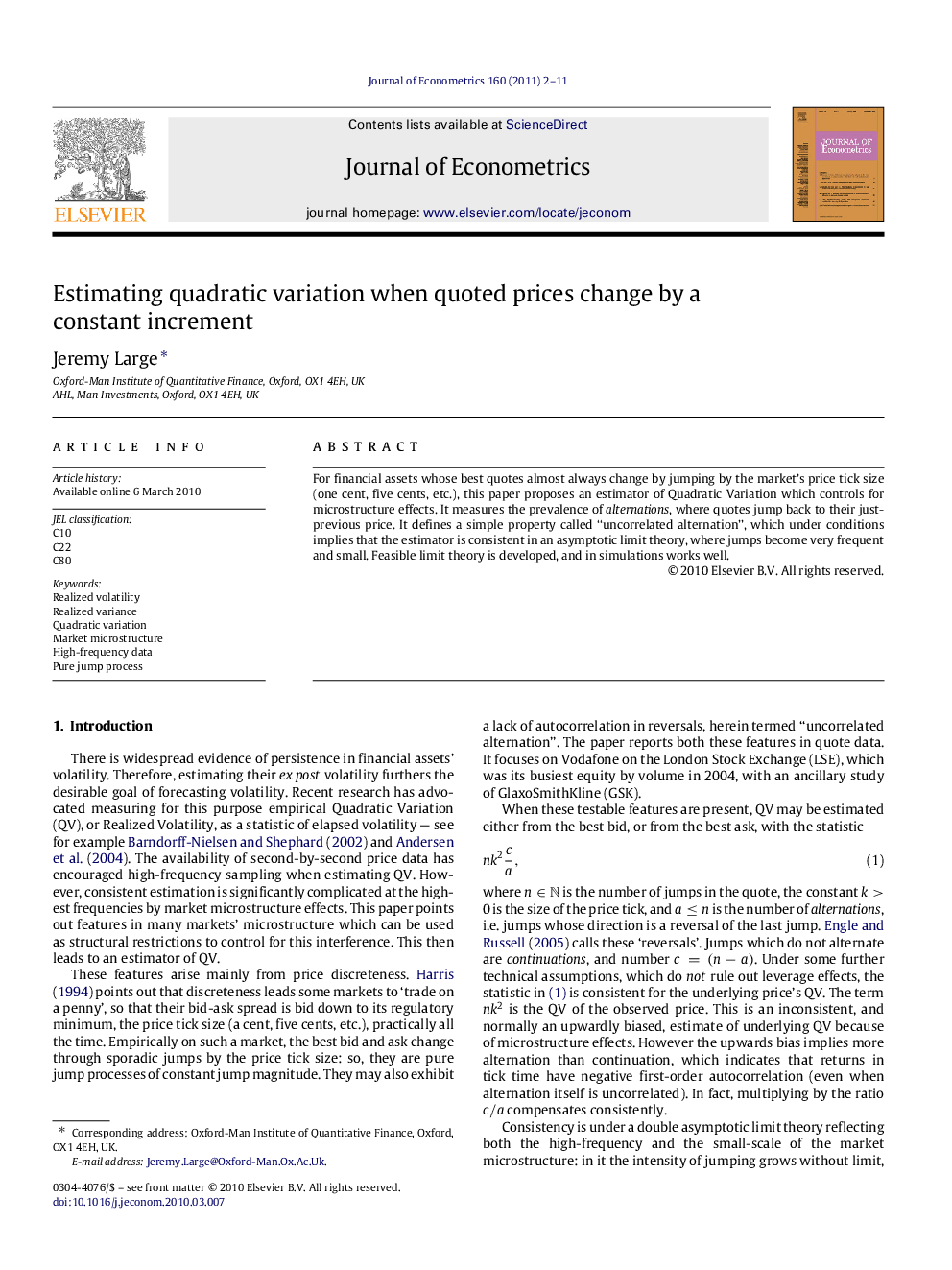 Estimating quadratic variation when quoted prices change by a constant increment