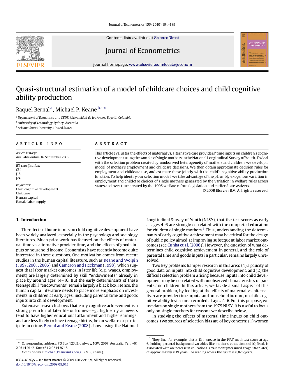 Quasi-structural estimation of a model of childcare choices and child cognitive ability production