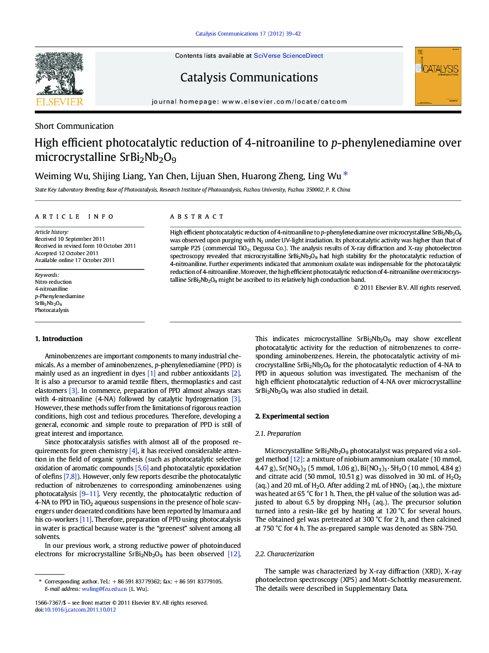 High efficient photocatalytic reduction of 4-nitroaniline to p-phenylenediamine over microcrystalline SrBi2Nb2O9