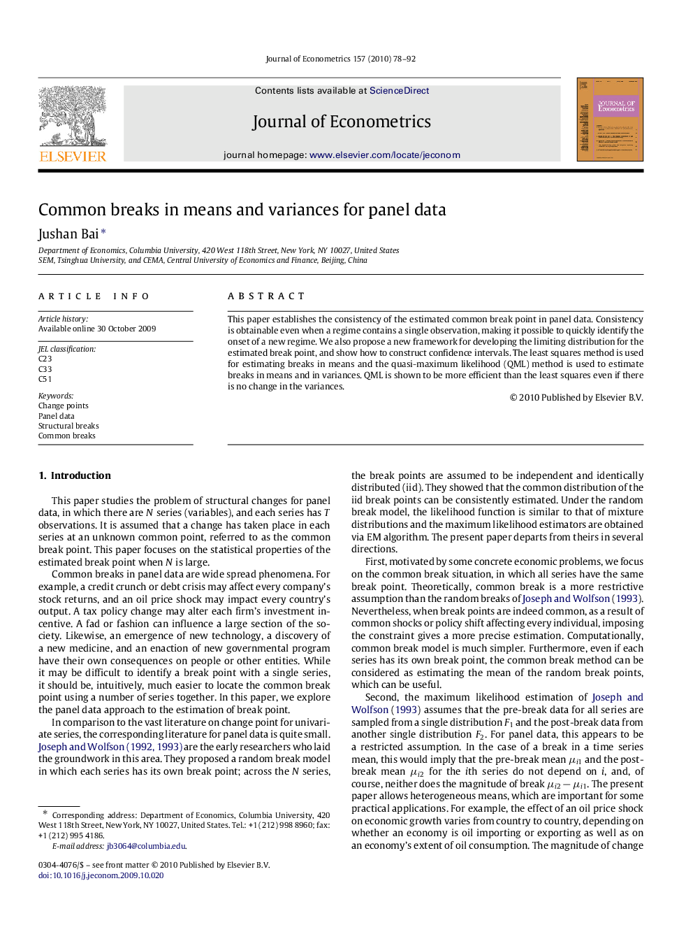 Common breaks in means and variances for panel data