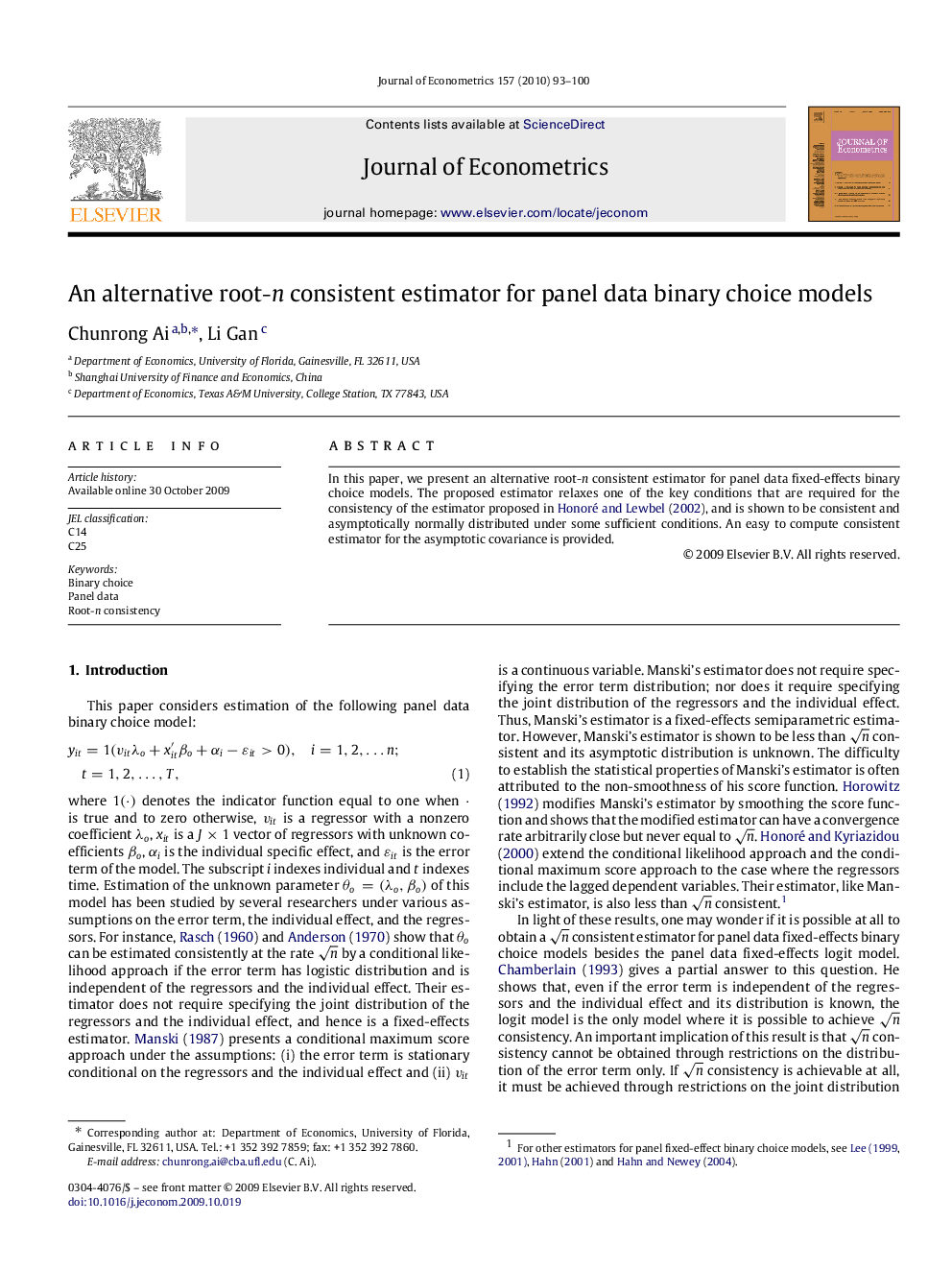 An alternative root-n consistent estimator for panel data binary choice models