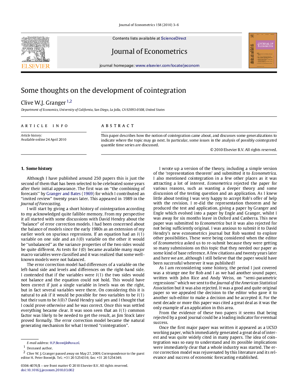 عکس صفحه اول مقاله: Some thoughts on the development of cointegration Some thoughts on the development of cointegration