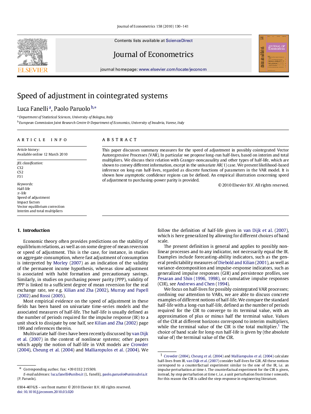 Speed of adjustment in cointegrated systems