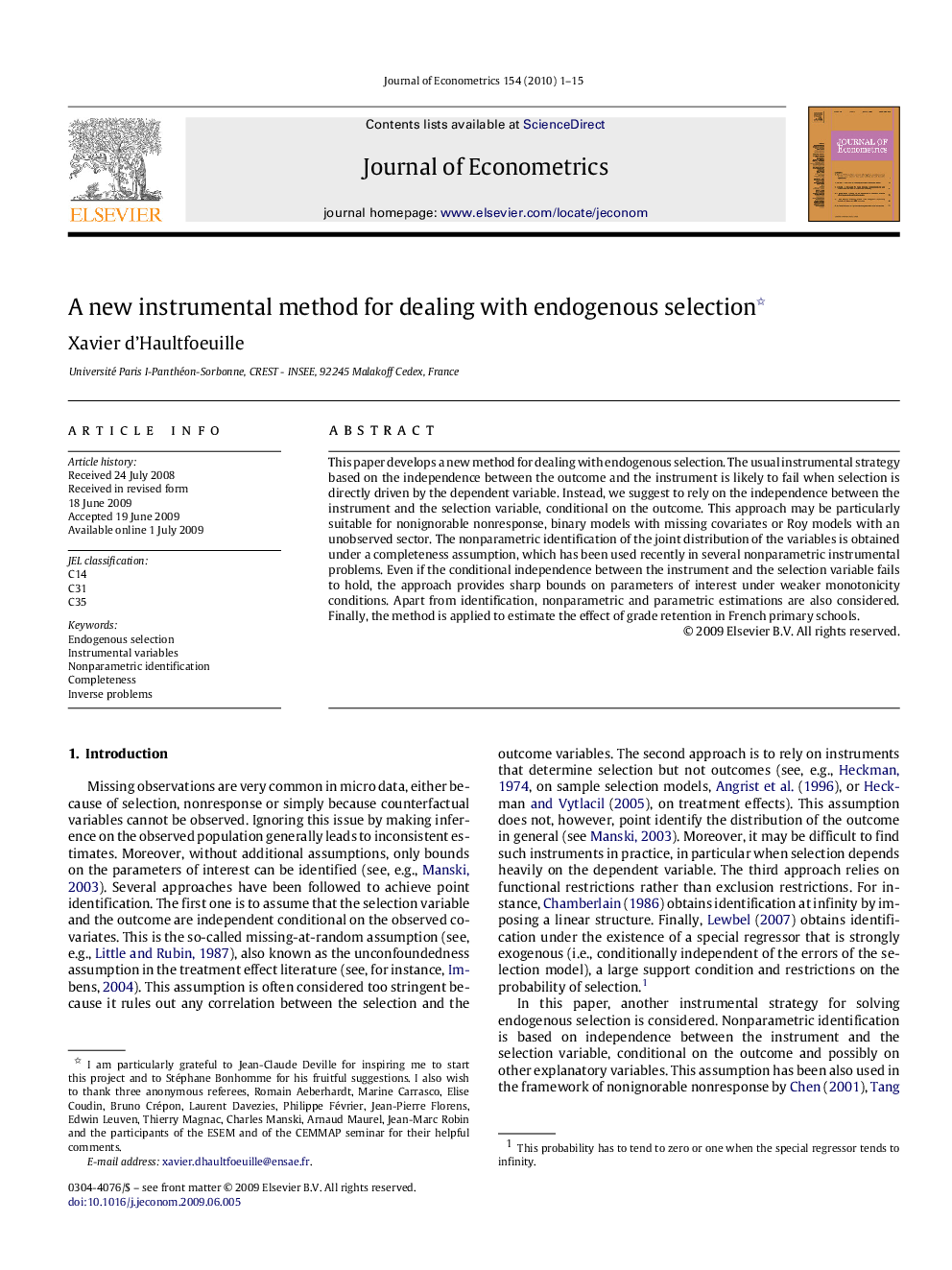 A new instrumental method for dealing with endogenous selection