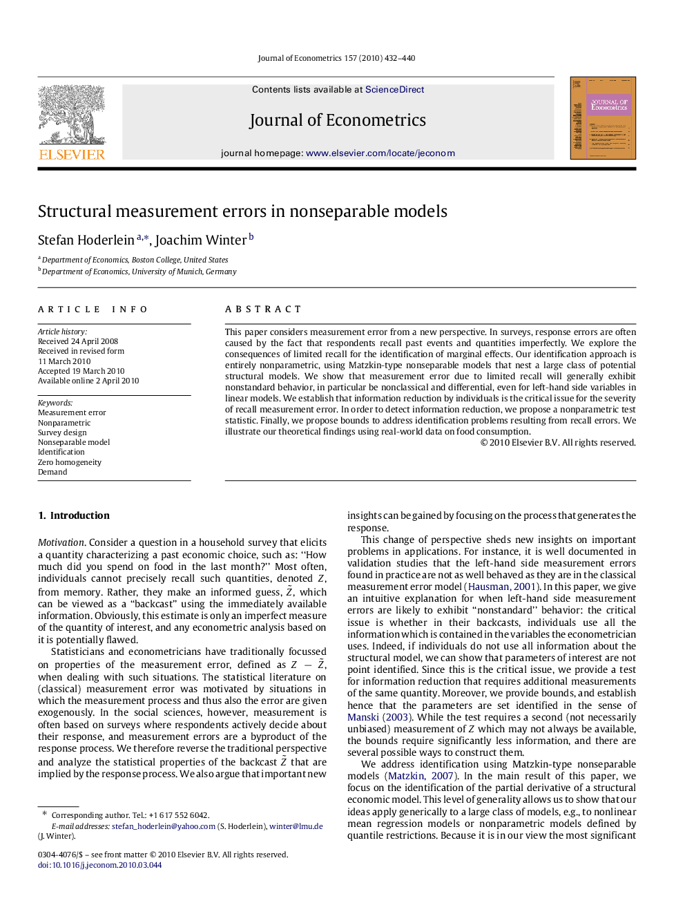 Structural measurement errors in nonseparable models